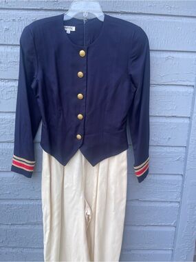 Vintage Depeche Jumpsuit Navy Peplum Jacket with White Cuffed Wide Leg Pants